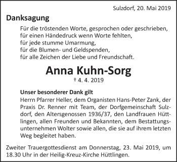 Traueranzeige von Anna Kuhn-Sorg von Schwäbische Post