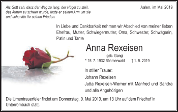 Traueranzeige von Anna Rexeisen von Schwäbische Post