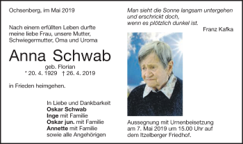 Traueranzeige von Anna Schwab von Schwäbische Post