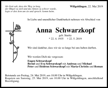 Traueranzeige von Anna Schwarzkopf von Gmünder Tagespost