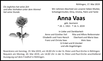 Traueranzeige von Anna Vaas von Schwäbische Post