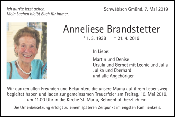 Traueranzeige von Anneliese Brandstetter von Gmünder Tagespost