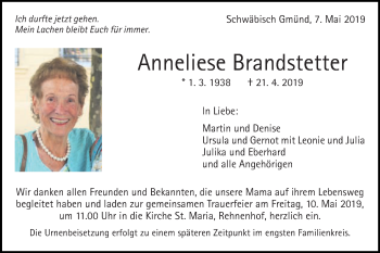 Traueranzeige von Anneliese Brandstetter