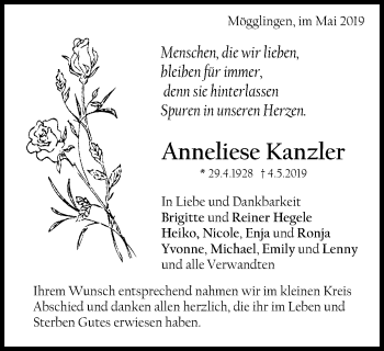 Traueranzeige von Anneliese Kanzler von Gmünder Tagespost