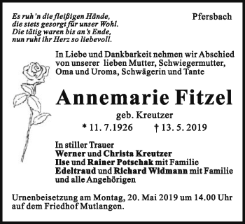 Traueranzeige von Annemarie Fitzel von Gmünder Tagespost