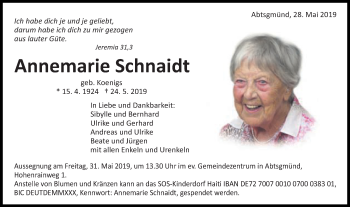 Traueranzeige von Annemarie Schnaidt von Schwäbische Post
