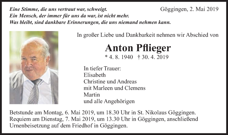  Traueranzeige für Anton Pflieger vom 04.05.2019 aus Gmünder Tagespost