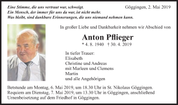 Traueranzeige von Anton Pflieger von Gmünder Tagespost