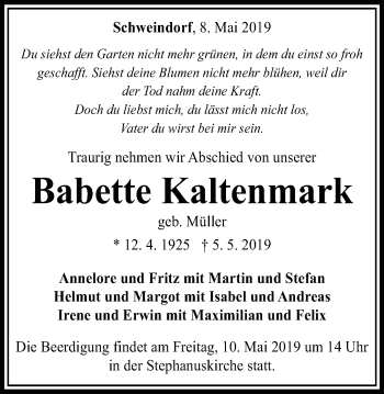 Traueranzeige von Babette Kaltenmark von Schwäbische Post