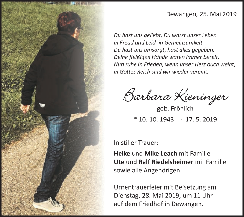  Traueranzeige für Barbara Kieninger vom 25.05.2019 aus Schwäbische Post