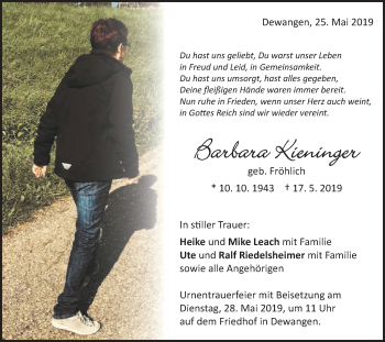 Traueranzeige von Barbara Kieninger von Schwäbische Post