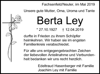 Traueranzeige von Berta Ley von Schwäbische Post