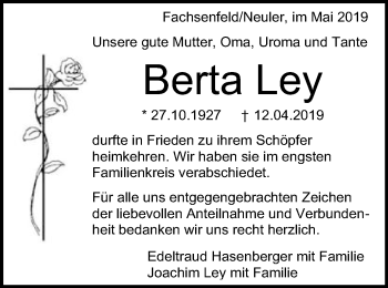 Traueranzeige von Berta Ley