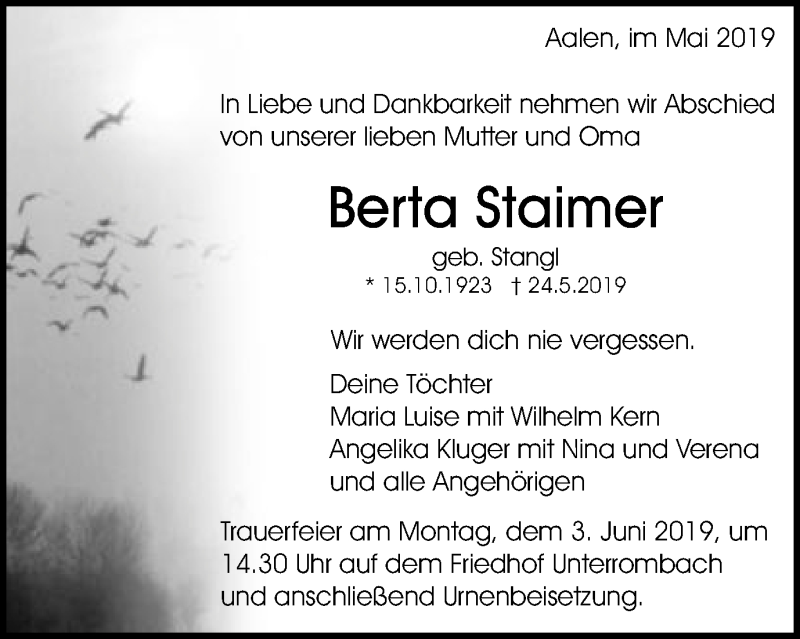  Traueranzeige für Berta Staimer vom 31.05.2019 aus Schwäbische Post