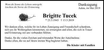 Traueranzeige von Brigitte Tucek von Schwäbische Post