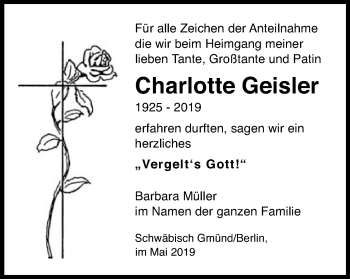 Traueranzeige von Charlotte Geisler von Gmünder Tagespost