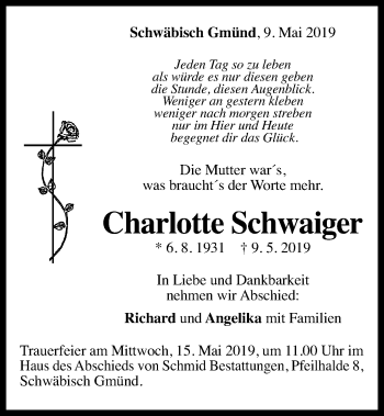 Traueranzeige von Charlotte Schwaiger von Gmünder Tagespost