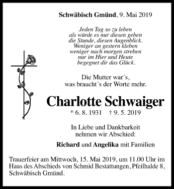 Traueranzeige von Charlotte Schwaiger