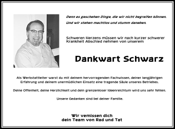 Traueranzeige von Dankwart Schwarz von Schwäbische Post