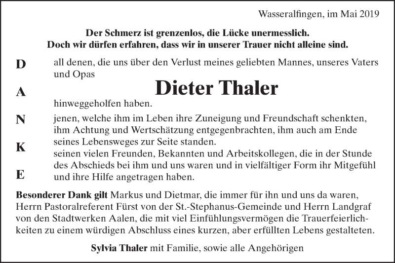  Traueranzeige für Dieter Thaler vom 11.05.2019 aus Schwäbische Post