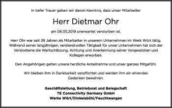 Traueranzeige von Dietmar Ohr von Schwäbische Post