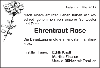 Traueranzeige von Ehrentraut Rose von Schwäbische Post