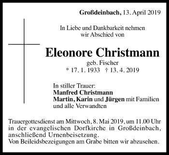 Traueranzeige von Eleonore Christmann von Gmünder Tagespost