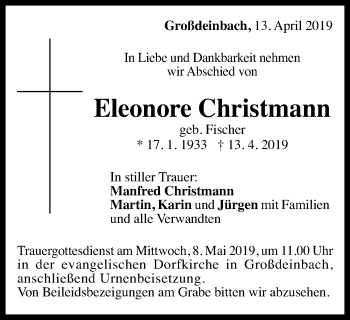 Traueranzeige von Eleonore Christmann