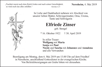 Traueranzeige von Elfriede Zinser von Schwäbische Post