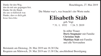 Traueranzeige von Elisabeth Stäb von Gmünder Tagespost