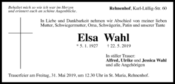 Traueranzeige von Elsa Wahl von Gmünder Tagespost