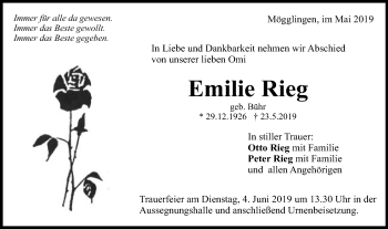 Traueranzeige von Emilie Rieg von Gmünder Tagespost