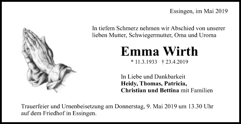  Traueranzeige für Emma Wirth vom 06.05.2019 aus Schwäbische Post