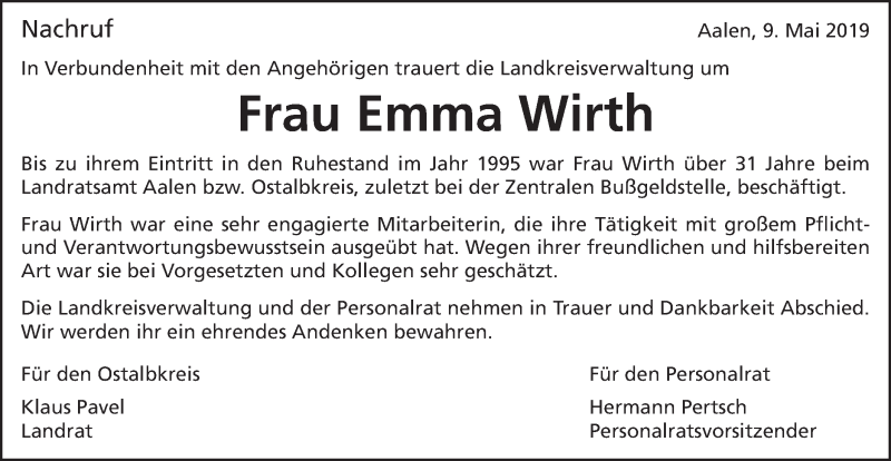  Traueranzeige für Emma Wirth vom 09.05.2019 aus Schwäbische Post