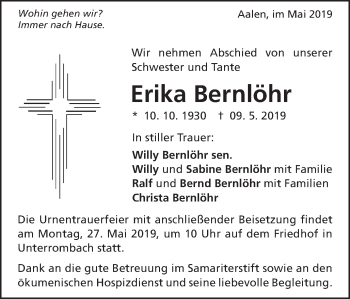 Traueranzeige von Erika Bernlöhr von Schwäbische Post