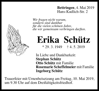 Traueranzeige von Erika Schütz