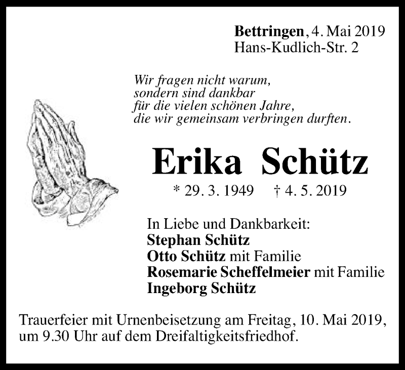  Traueranzeige für Erika Schütz vom 07.05.2019 aus Gmünder Tagespost