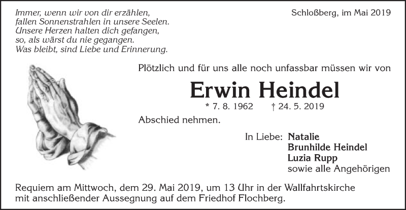  Traueranzeige für Erwin Heindel vom 27.05.2019 aus Schwäbische Post
