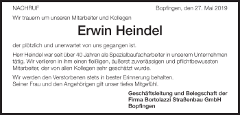 Traueranzeige von Erwin Heindel von Schwäbische Post