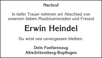 Traueranzeige von Erwin Heindel von Schwäbische Post