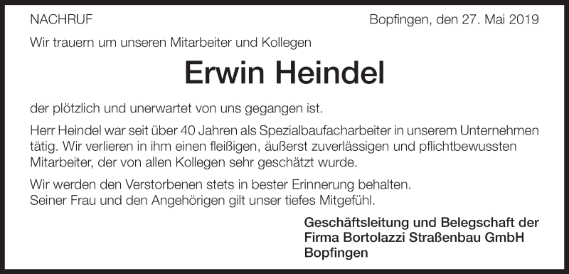  Traueranzeige für Erwin Heindel vom 28.05.2019 aus Schwäbische Post