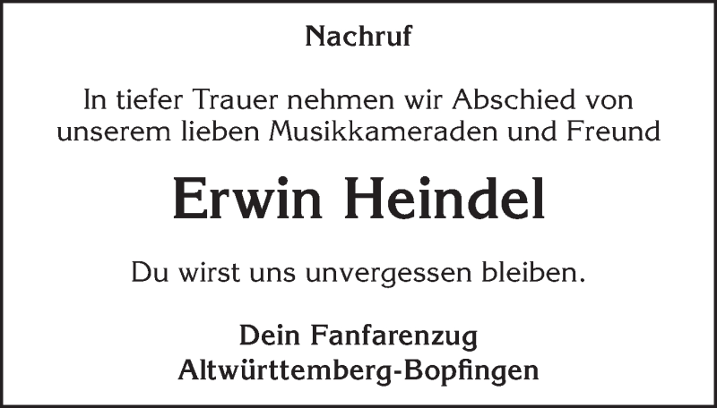  Traueranzeige für Erwin Heindel vom 29.05.2019 aus Schwäbische Post