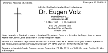 Traueranzeige von Eugen Volz von Schwäbische Post