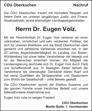 Traueranzeige von Eugen Volz von Amtsblatt_Oko