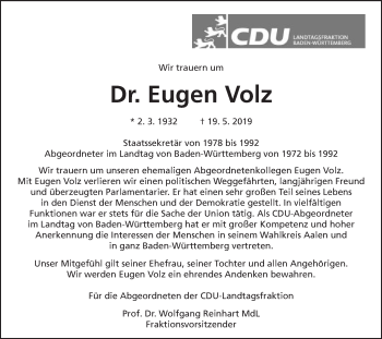 Traueranzeige von Eugen Volz von Schwäbische Post