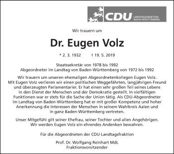 Traueranzeige von Eugen Volz