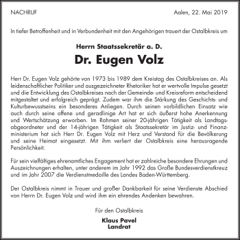 Traueranzeige von Eugen Volz von Schwäbische Post