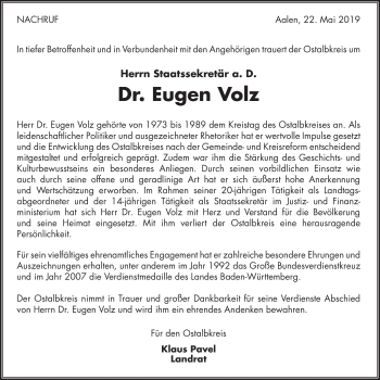 Traueranzeige von Eugen Volz