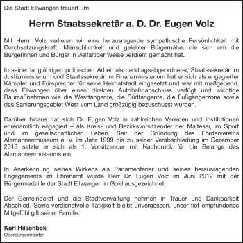 Traueranzeige von Eugen Volz von Schwäbische Post
