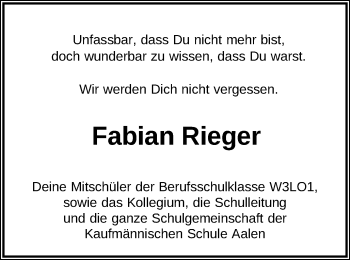 Traueranzeige von Fabian Rieger von Schwäbische Post